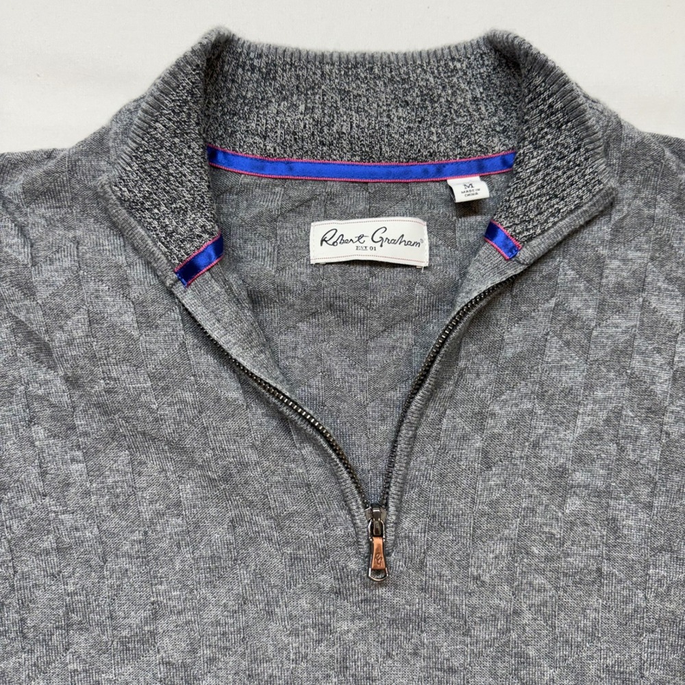 Robert Graham Wool Blend Grey Cable Knit Quarter Zip Sweater Medium Luxe - Picture 2 of 11